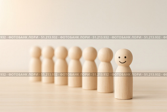 A Group of Wooden Figurines with One Smiling Character Promoting Positivity and Individuality Amongst Uniformity. Стоковое AI-изображение, AI-художник Башкирова Анна / Фотобанк Лори