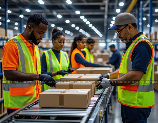 A group of workers in orange vests are working on a conveyor belt. Стоковое AI-изображение, AI-художник Ярославский Максим / Фотобанк Лори