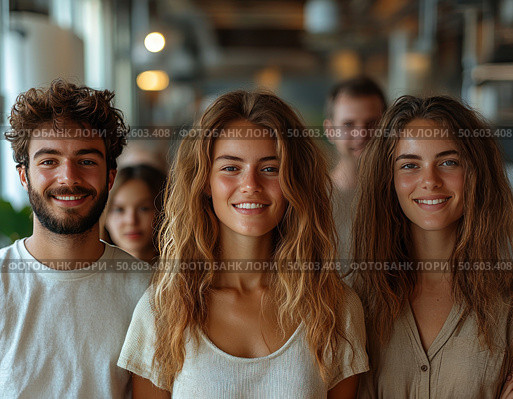 A group of young people standing in a modern office space are smiling and looking at the camera. Three are in the foreground - two girls and a guy with natural hairstyles and warm, friendly expressions. Other members of the group are blurred behind them, creating an atmosphere of team cohesion and positive communication. Natural lighting, warm colors and informal clothes emphasize openness, friendliness and modern values ​​of communication. Стоковое AI-изображение, AI-художник Анна Кривицкая / Фотобанк Лори