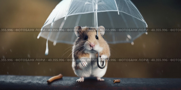 A hamster standing under an umbrella in the rain. AI generative image. Стоковое AI-изображение, AI-художник Сергей Старуш / Фотобанк Лори