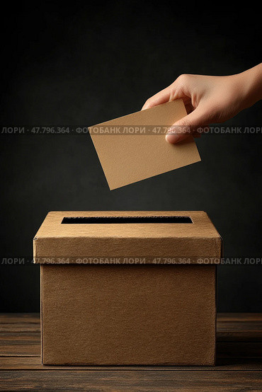 A hand carefully deposits a ballot into a cardboard box, symbolizing civic engagement during a night voting event. Стоковое AI-изображение, AI-художник Данила Большаков / Фотобанк Лори