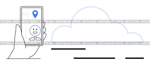 A hand holds a smartphone displaying a happy face and location marker, next to a cloud. Ideal for communication, cloud technology, location services, mobile applications, and social media themes. Hand Holding Smartphone with Cloud in Background, Navigation and Messaging Interface. Стоковая иллюстрация, агентство Ingram Publishing / Фотобанк Лори