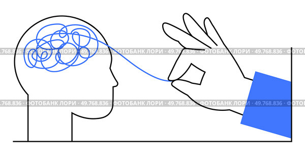 A hand untangles a blue line from a person s head, representing simplifying thoughts. Ideal for mental health, problem-solving, mindfulness, cognitive clarity, and personal development. Simple, clean,. Simplifying Complex Thoughts Untangling the Mind for Clarity and Focus. Стоковая иллюстрация, агентство Ingram Publishing / Фотобанк Лори