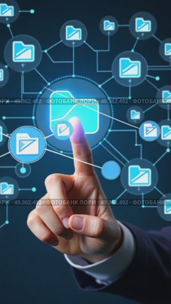 A hand with an index finger pointing at a folder icon on a virtual digital interface with blue and white elements, surrounded by modern futuristic hi-tech business financial interface. Стоковое AI-видео, аниматор Sergey Grishin / Фотобанк Лори