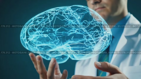 A hands-on demonstration showcases the use of holographic technology in brain science within a futuristic lab environment. Стоковое AI-видео, аниматор Данила Большаков / Фотобанк Лори