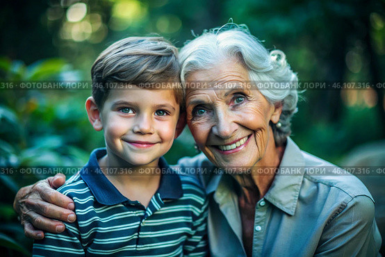 A happy family, a child and a grandmother hug on the street in the park, happy and contented. A grandmother who hugs her grandson, showing love. Стоковое AI-изображение, AI-художник Photojuli / Фотобанк Лори