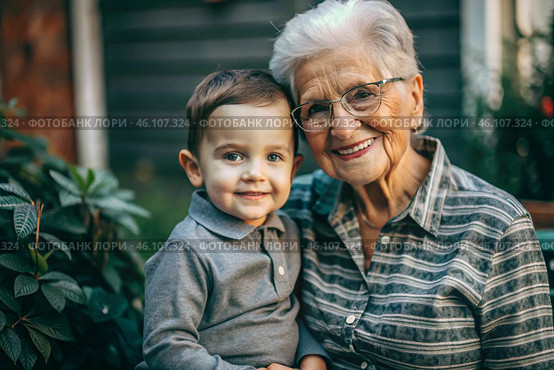 A happy family, a child and a grandmother hug on the street in the park, happy and contented. A grandmother who hugs her grandson, showing love. Стоковое AI-изображение, AI-художник Photojuli / Фотобанк Лори