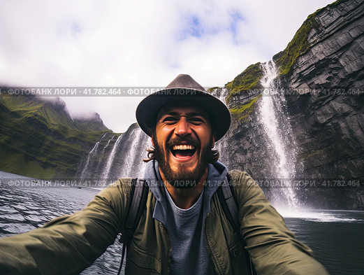 A happy tourist takes a selfie in front of a large exotic waterfall. Close-up. Стоковое AI-изображение, AI-художник Ярославский Максим / Фотобанк Лори