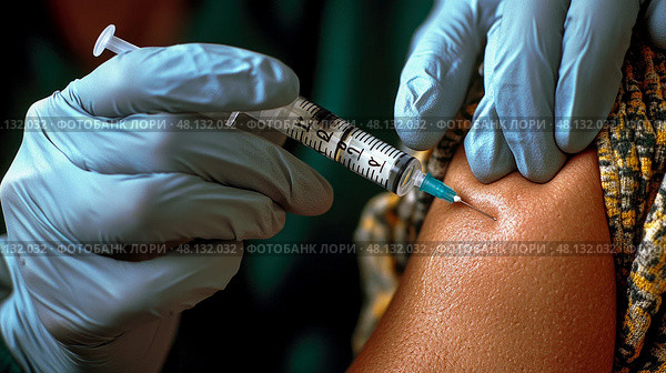 A healthcare professional wearing gloves injects a vaccine into a person’s arm, seen in a well-lit medical environment. Стоковое AI-изображение, AI-художник Данила Большаков / Фотобанк Лори