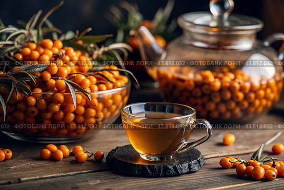 A healthy, ripe sea buckthorn berry in close-up. Vitamin, orange, autumn, seasonal tea made from sea buckthorn berries on a dark background. Berry tea for the immune system. Стоковое AI-изображение, AI-художник Photojuli / Фотобанк Лори