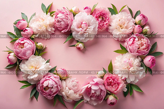 A heart-shaped frame with beautiful peony flowers on a pastel pink background. Flat layout, top view, place to copy, summer flowers. Стоковое AI-изображение, AI-художник Photojuli / Фотобанк Лори