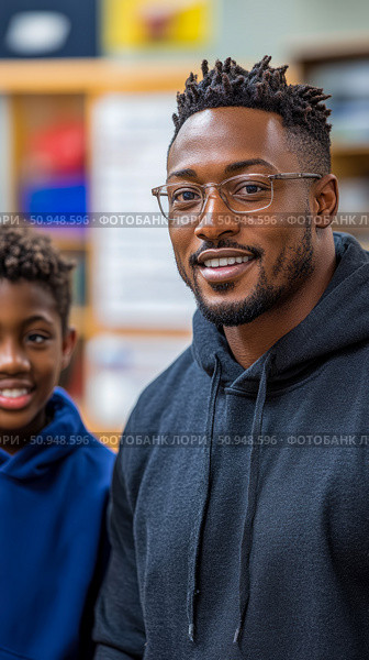 A heartwarming family portrait featuring a father and son smiling, embodying connection, happiness and a loving bond. Стоковое AI-изображение, AI-художник Данила Большаков / Фотобанк Лори