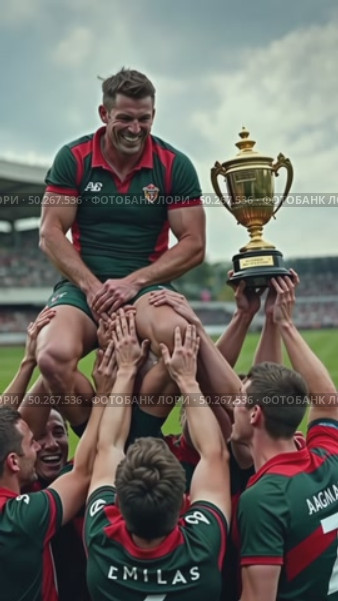 A heartwarming moment of a rugby team lifting their coach in celebration, their faces filled with joy, the trophy gleaming in the arms. first prize championship. Стоковое AI-видео, аниматор Sergey Grishin / Фотобанк Лори