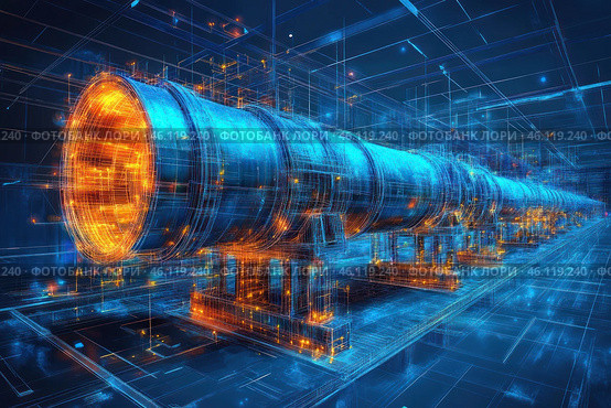 A high-tech visualization of a futuristic particle accelerator or a main pipeline, made in the style of cyberpunk and technical graphics. The pipe structure is displayed with a digital holographic effect, where the elements glow blue and orange, creating the illusion of a three-dimensional design.The image is reminiscent of science fiction scenes, where advanced technologies are combined with computer simulations, architectural drawings and models of engineering systems of the future. Luminous elements on the surface of the structure transmit an energy flow, creating a sense of accelerated particle movement or a high-tech pipeline. Стоковое AI-изображение, AI-художник Анна Кривицкая / Фотобанк Лори