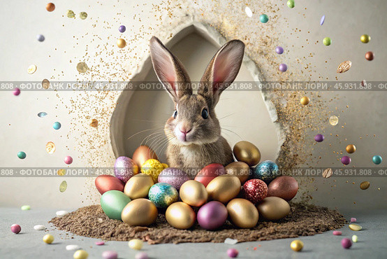 A holiday banner. A cute Easter bunny is peeking out of a hole with colorful eggs all around. The concept of a happy Easter. Стоковое AI-изображение, AI-художник Photojuli / Фотобанк Лори