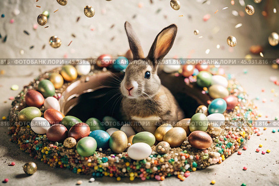 A holiday banner. A cute Easter bunny is peeking out of a hole with colorful eggs all around. The concept of a happy Easter. Стоковое AI-изображение, AI-художник Photojuli / Фотобанк Лори