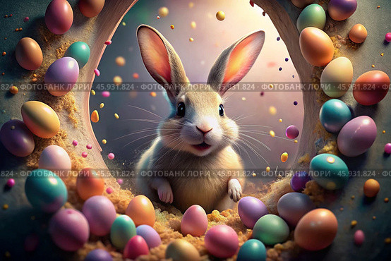 A holiday banner. A cute Easter bunny is peeking out of a hole with colorful eggs all around. The concept of a happy Easter. Стоковое AI-изображение, AI-художник Photojuli / Фотобанк Лори