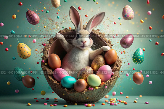 A holiday banner. A cute Easter bunny is peeking out of a hole with colorful eggs all around. The concept of a happy Easter. Стоковое AI-изображение, AI-художник Photojuli / Фотобанк Лори