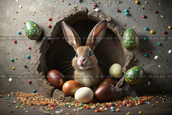 A holiday banner. A cute Easter bunny is peeking out of a hole with colorful eggs all around. The concept of a happy Easter. Стоковое AI-изображение, AI-художник Photojuli / Фотобанк Лори
