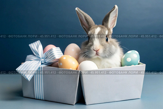 A holiday banner. A cute Easter bunny is peeking out of a gift box, and colorful eggs are scattered around. The concept of happy Easter. Стоковое AI-изображение, AI-художник Photojuli / Фотобанк Лори