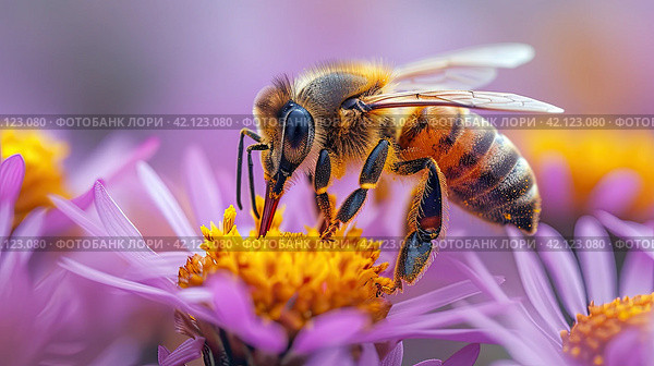A honey bee collects nectar from a purple wildflower in hot summer. Macro sketching of insects. Стоковое AI-изображение, AI-художник Ярославский Максим / Фотобанк Лори