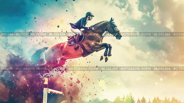 A horse and rider soar over a hurdle in an equestrian competition, surrounded by a burst of colorful light. Стоковое AI-изображение, AI-художник Данила Большаков / Фотобанк Лори