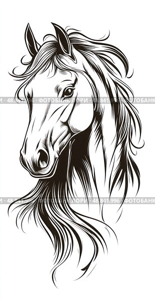 A horse with a long mane and a black nose. Стоковое AI-изображение, AI-художник Ярославский Максим / Фотобанк Лори