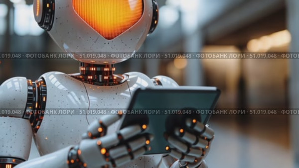 A humanoid robot with an illuminated heart displays its capabilities while using a tablet in a sleek, contemporary environment. Стоковое AI-видео, аниматор Данила Большаков / Фотобанк Лори