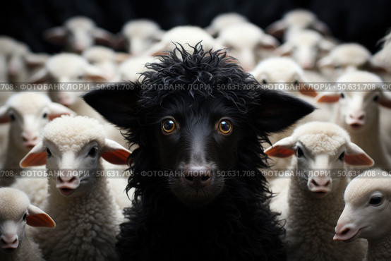A humorous and expressive image: in the center of the composition is a black puppy with big scared eyes, standing among white lambs. The contrast between the puppy's dark fur and the light fur of the lambs emphasizes the effect of surprise and makes him stand out as a "black sheep" in reverse. The scene is full of emotions and makes you smile. Ideal for the concepts of individuality, difference from the crowd, inconsistency and uniqueness. Стоковое AI-изображение, AI-художник Анна Кривицкая / Фотобанк Лори