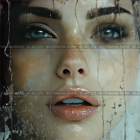 A hyper-realistic close-up portrait of a woman, executed in an artistic style. The details of her face are clearly visible: expressive blue eyes, thick eyebrows, freckles, moist lips and drops of water or condensation running down the glass through which she looks. The surface of the image is complemented by textures reminiscent of scratches, traces of aging or cracks in paint, which creates the effect of an aged canvas or street art object. The atmosphere is filled with tension, vulnerability and emotional depth. Стоковое AI-изображение, AI-художник Анна Кривицкая / Фотобанк Лори