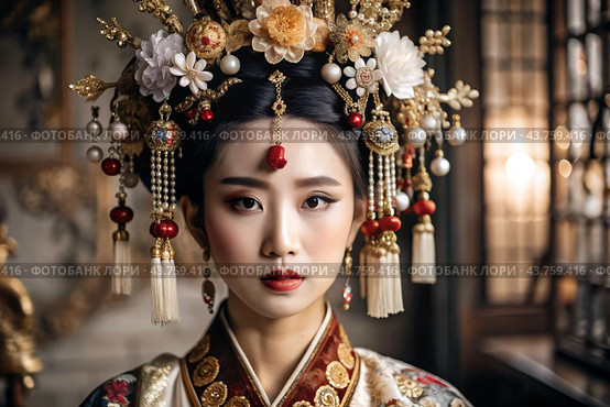 A Japanese girl in a traditional national costume - a kimono. Against the background of houses, lanterns and cherry trees. The portrait symbolizes the traditions and culture of the people of Japan. Стоковое AI-изображение, AI-художник Photojuli / Фотобанк Лори