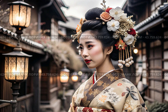 A Japanese girl in a traditional national costume - a kimono. Against the background of houses, lanterns and cherry trees. The portrait symbolizes the traditions and culture of the people of Japan. Стоковое AI-изображение, AI-художник Photojuli / Фотобанк Лори
