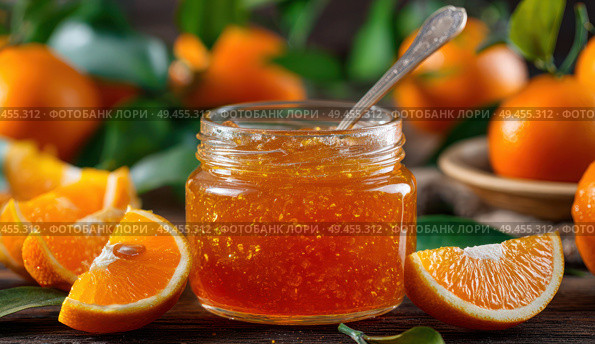 A jar of orange jam is sitting on a table with a spoon and several oranges. Стоковое AI-изображение, AI-художник Ярославский Максим / Фотобанк Лори