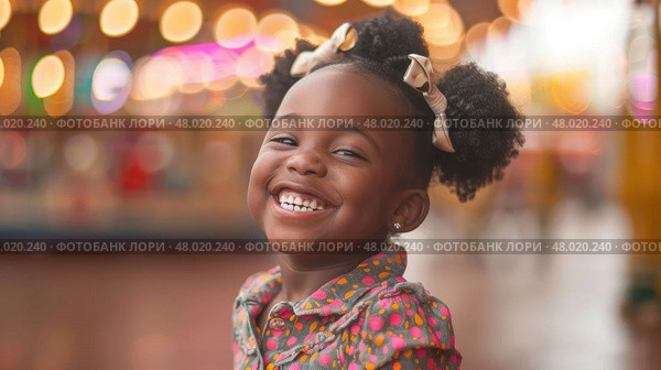 A joyful girl with curly hair grins widely, illuminated by the vibrant lights of a carnival. Стоковое AI-изображение, AI-художник Данила Большаков / Фотобанк Лори