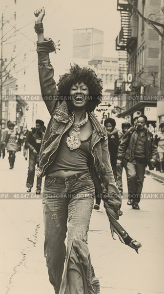 A joyful participant raises her fist in celebration, leading a vibrant march through the city streets filled with energy and community spirit. Стоковое AI-изображение, AI-художник Данила Большаков / Фотобанк Лори