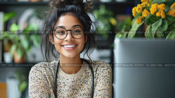 A joyful woman is focused on her work at home amidst vibrant plants and a computer, showcasing a warm and inviting atmosphere in autumn. Стоковое AI-видео, аниматор Данила Большаков / Фотобанк Лори