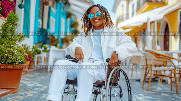 A joyful young individual with dreadlocks in a wheelchair, smiling brightly on a vibrant sunlit street, promoting accessible, inclusive travel. Стоковое AI-изображение, AI-художник Данила Большаков / Фотобанк Лори