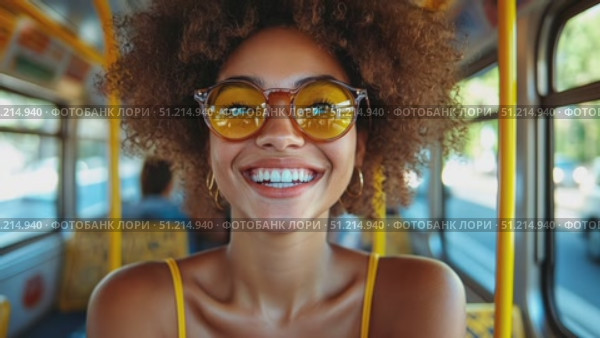 A joyful young woman with curly hair and stylish sunglasses rides the bus, sharing her infectious smile and positivity on a summer afternoon. Стоковое AI-видео, аниматор Данила Большаков / Фотобанк Лори