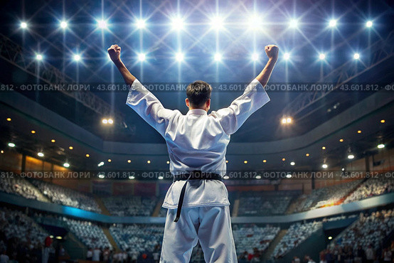 A karate athlete proudly raises his hands in the stadium in the light of spotlights and spotlights after becoming an Olympic champion. Стоковое AI-изображение, AI-художник Photojuli / Фотобанк Лори