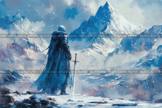 A knight standing on a snowy ground in a cold mountainous area. His back is turned to a huge mountain with a snow-capped peak, while he holds a sword in his hands. The scene is filled with an atmosphere of loneliness and determination, and the landscape emphasizes the grandeur of nature. The painting is done in cold shades of blue and white, which enhances the effect of winter cold and remoteness. Стоковое AI-изображение, AI-художник Анна Кривицкая / Фотобанк Лори