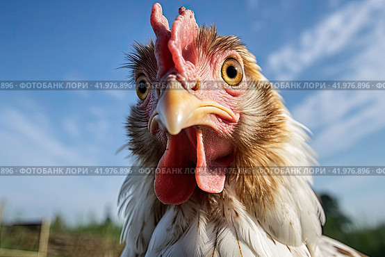 A large adult mottled chicken looks at the camera. Front view. Close-up. Стоковое AI-изображение, AI-художник Ярославский Максим / Фотобанк Лори