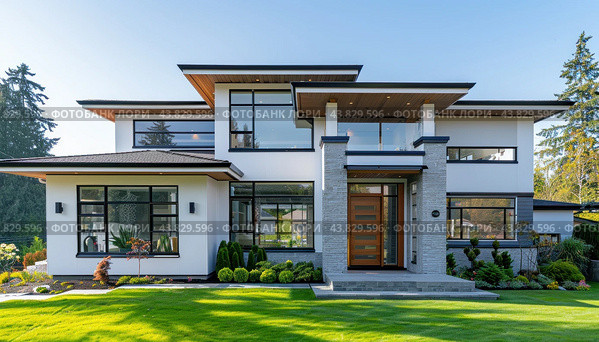 A large, beautifully designed white house with many windows sits on a lush green lawn. Стоковое AI-изображение, AI-художник Юрий Поздников / Фотобанк Лори