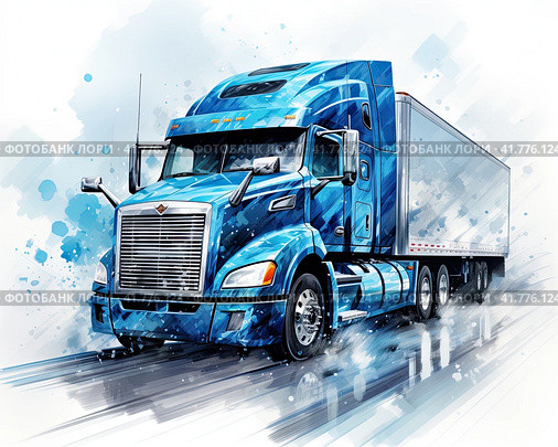 A large blue cargo truck for long-distance cargo transportation. The concept of cargo transportation. Стоковое AI-изображение, AI-художник Ярославский Максим / Фотобанк Лори
