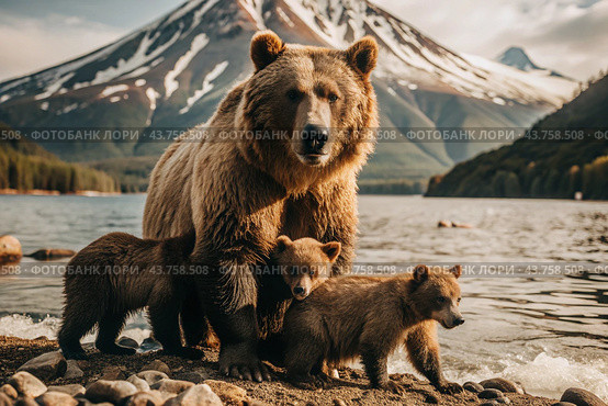 A large brown bear and small cubs in the lake against the background of the Kamchatka volcano. Animal hunting. Poaching. Стоковое AI-изображение, AI-художник Photojuli / Фотобанк Лори