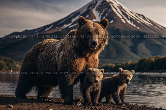 A large brown bear and small cubs in the lake against the background of the Kamchatka volcano. Animal hunting. Poaching. Стоковое AI-изображение, AI-художник Photojuli / Фотобанк Лори