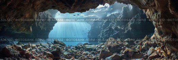 A large cave releasing a significant volume of water. The water cascades out, creating a dramatic scene. Стоковое AI-изображение, AI-художник Данила Большаков / Фотобанк Лори