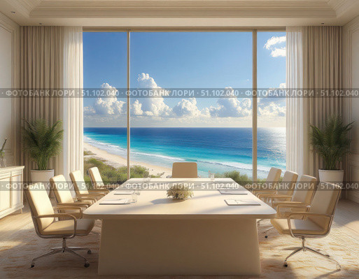A large conference table with a view of the ocean. Стоковое AI-изображение, AI-художник Ярославский Максим / Фотобанк Лори