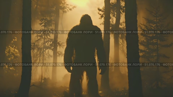 A large humanoid creature resembling bigfoot is seen standing in the middle of a dense forest, surrounded by trees and foliage. Стоковое AI-видео, аниматор Данила Большаков / Фотобанк Лори