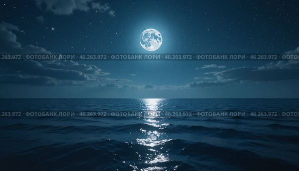 A large moon is reflected in the water of the ocean. Стоковое AI-изображение, AI-художник Виктория Кольцова / Фотобанк Лори