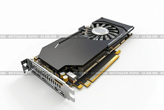 A large powerful graphics card with an intercooler on a white background. Стоковое AI-изображение, AI-художник Ярославский Максим / Фотобанк Лори